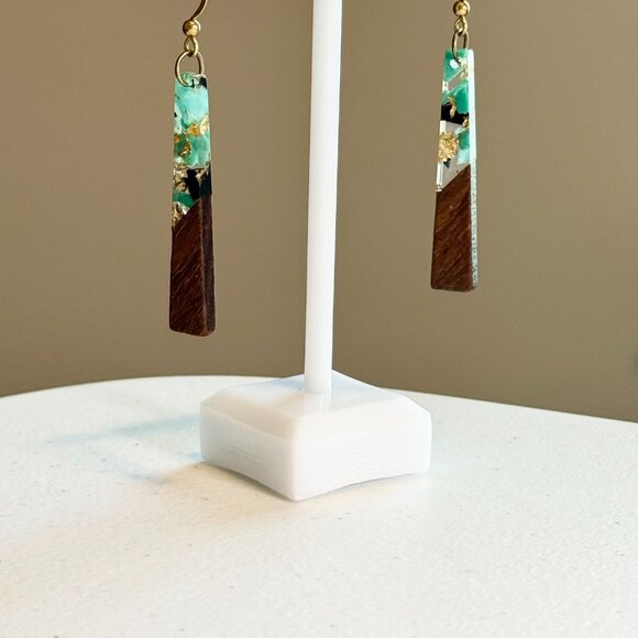 Handmade Retro Walnut Gold Leaf Turquoise Black Resin Boho Trapezoid Earrings - Picture 3 of 6